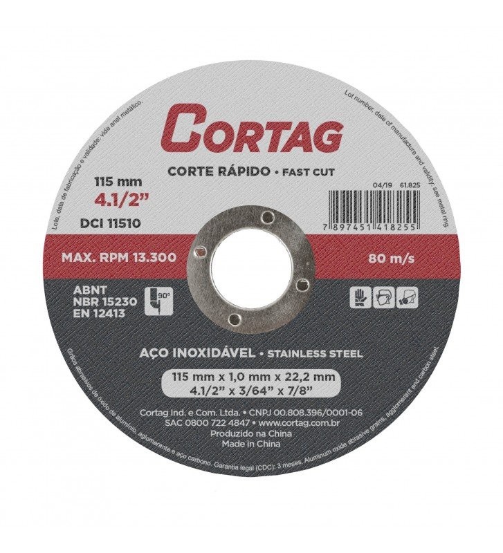DISCO DE CORTE INOX 115 mm x 1,0 mm x 22,22 mm CORTAG