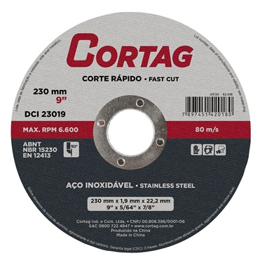 DISCO DE CORTE INOX 230 mm x 1,9 mm - 9" X 5/64" X 7/8" CORTAG
